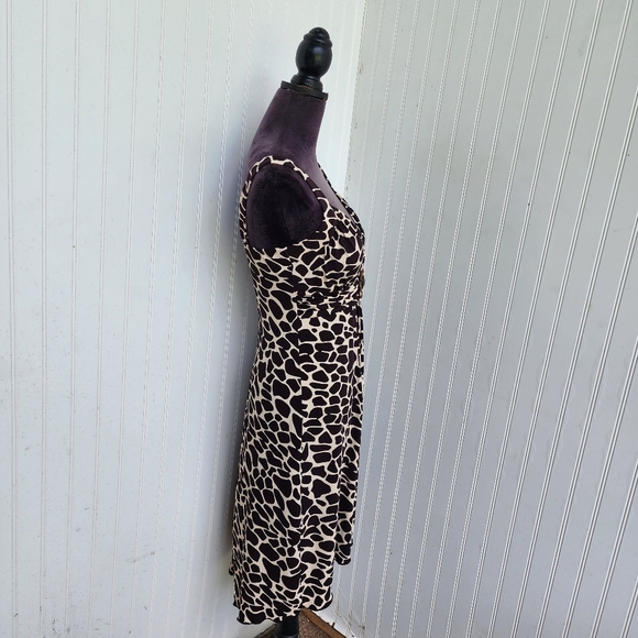 En Focus Giraffe Print Midi Dress Brown Cream Pullover Beaded Boho Chic Sz 6 - Picture 5 of 13